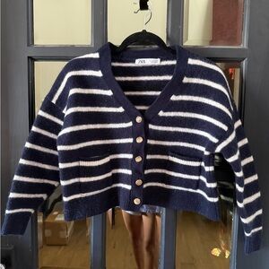 Zara Navy and White Striped Crew Neck Sweater